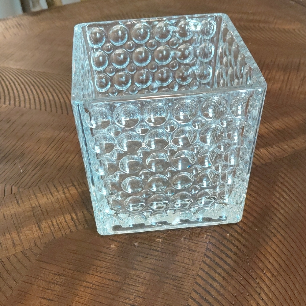 Clear Bubble-Textured Glass Square Votive Holder